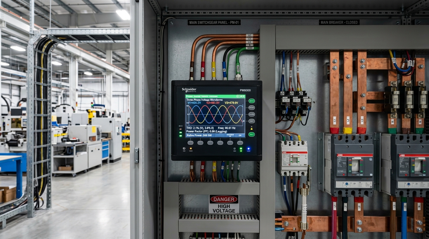 Industrial power quality analyzer display with three-phase sinusoidal waveforms, harmonic distortion, and busbars